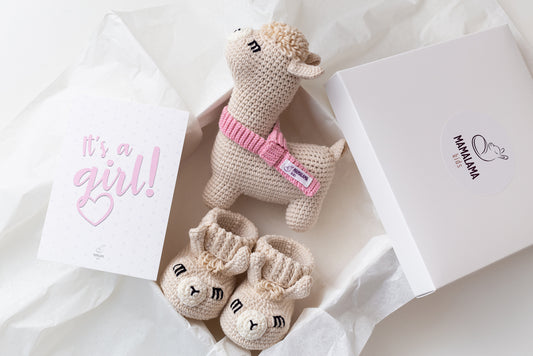 It's a Girl Llama toy & booties gift box Beige