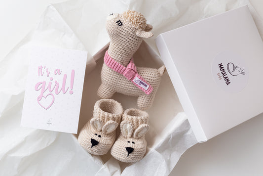 It's a Girl Llama toy & bunny booties gift box Beige
