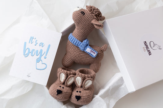 It's a Boy Llama toy & bunny booties gift box Brown