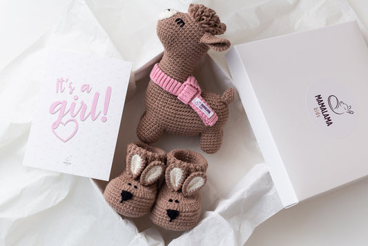 It's a Girl Llama toy & bunny booties gift box Brown