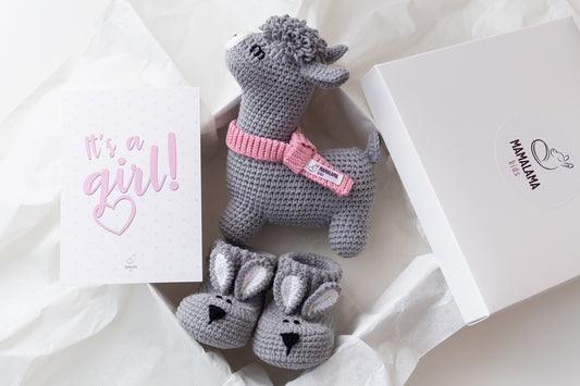 It's a Girl Llama toy & bunny booties gift box Gray