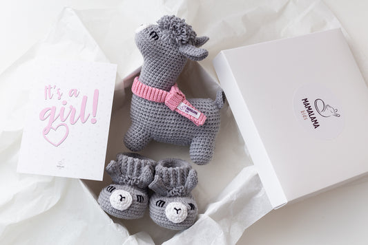 It's a Girl Llama toy & booties gift box Gray
