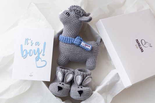 It's a Boy Llama toy & bunny booties gift box Gray