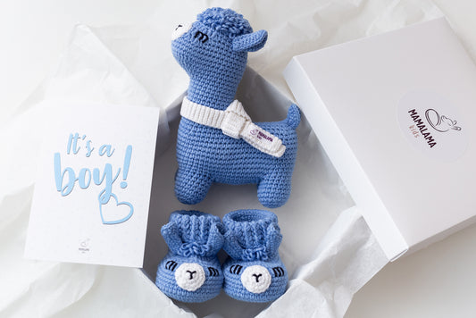 It's a Boy Llama toy & booties gift box Blue