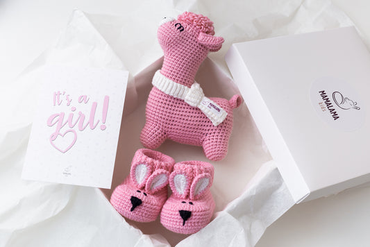 It's a Girl Llama toy & bunny booties gift box Pink