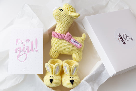 It's a Girl Llama toy & bunny booties gift box Yellow