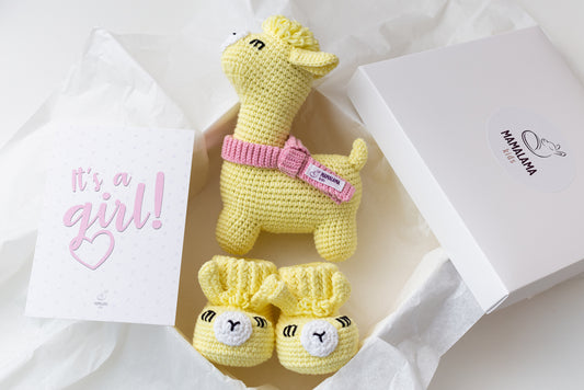 It's a Girl Llama toy & booties gift box Yellow