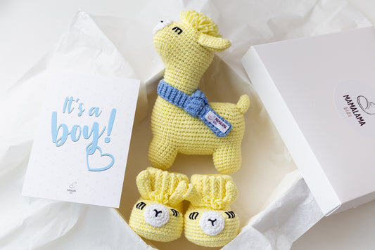 It's a Boy Llama toy & booties gift box Yellow