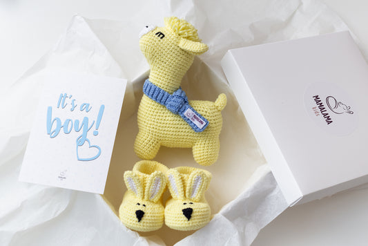 It's a Boy Llama toy & bunny booties gift box Yellow