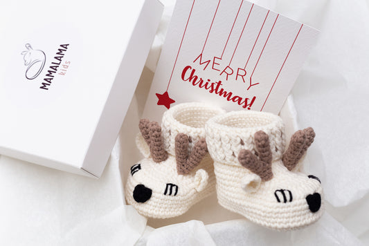 Christmas deer booties baby gift box Off white