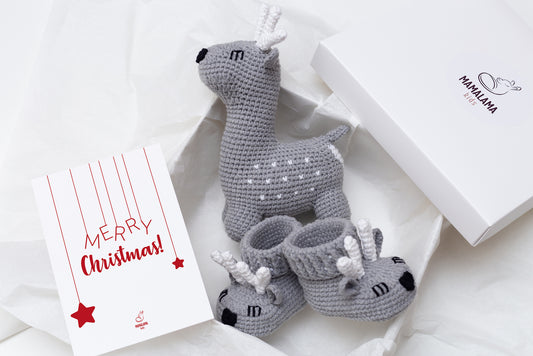 Christmas deer toy + baby booties gift box Gray