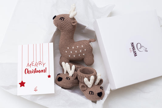 Christmas deer toy + baby booties gift box Brown
