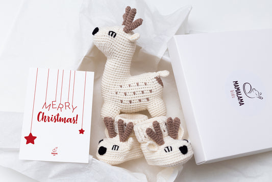 Christmas deer toy + baby booties gift box Off white