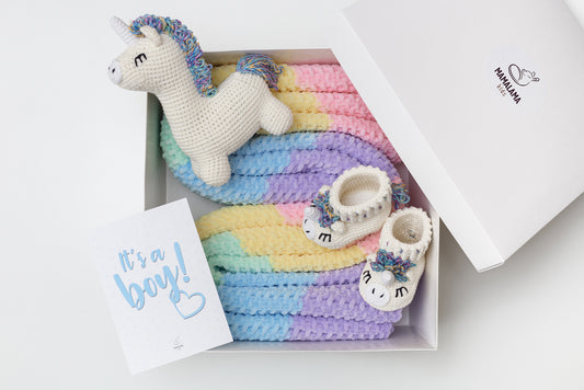 It's a Boy Unicorn toy & blanket & booties gift box Rainbow
