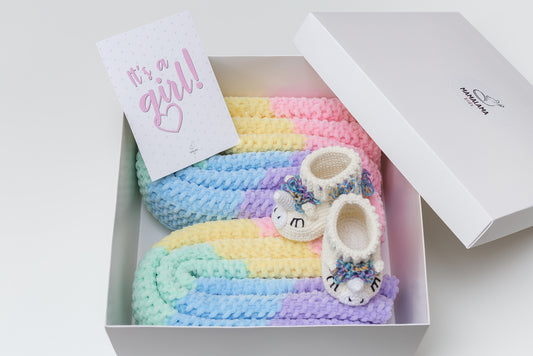 It's a Girl Baby blanket & unicorn booties gift box Rainbow
