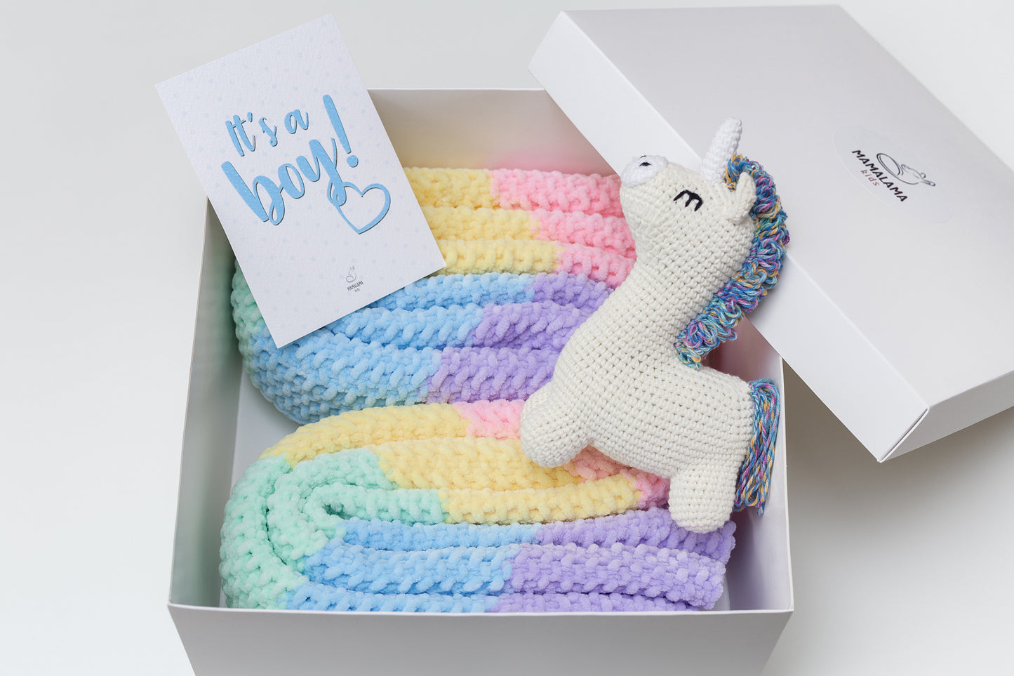 It's a Boy Unicorn toy & blanket gift box Rainbow
