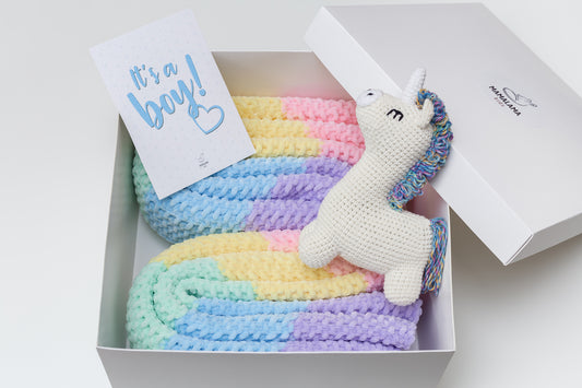 It's a Boy Unicorn toy & blanket gift box Rainbow