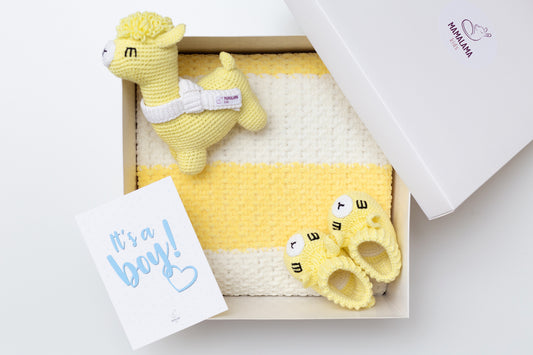 It's a Boy Llama toy & blanket & booties gift box Yellow