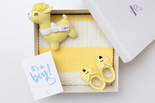 It's a Boy Llama toy & blanket & bunny booties gift box Yellow
