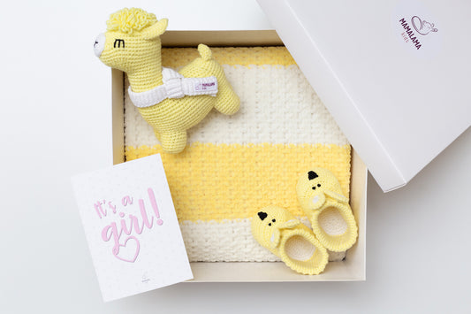 It's a Girl Llama toy & blanket & bunny booties gift box Yellow