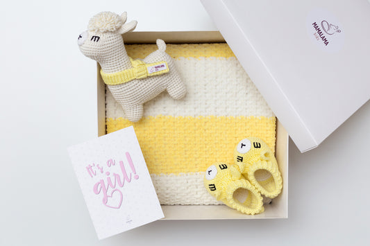 It's a Girl Llama toy & blanket & booties gift box Yellow
