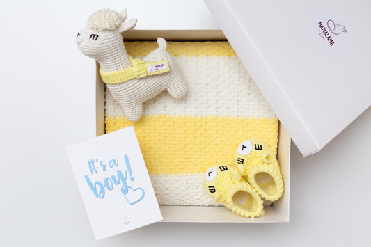 It's a Boy Llama toy & blanket & booties gift box Yellow