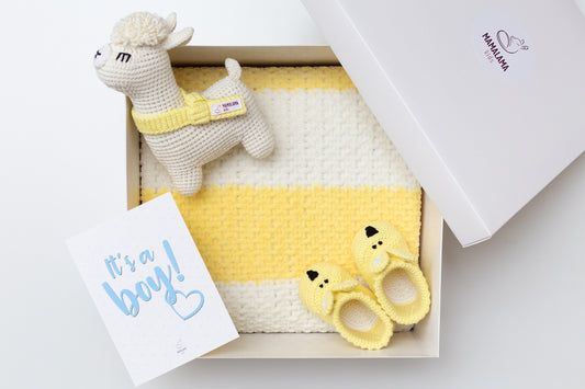 It's a Boy Llama toy & blanket & bunny booties gift box Yellow