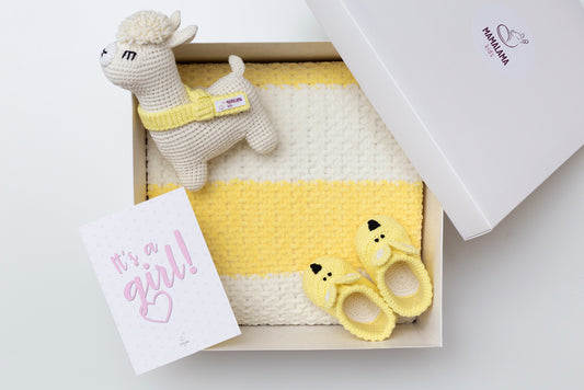 It's a Girl Llama toy & blanket & bunny booties gift box Lemon