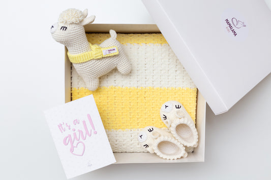 It's a Girl Llama toy & blanket & booties gift box Yellow
