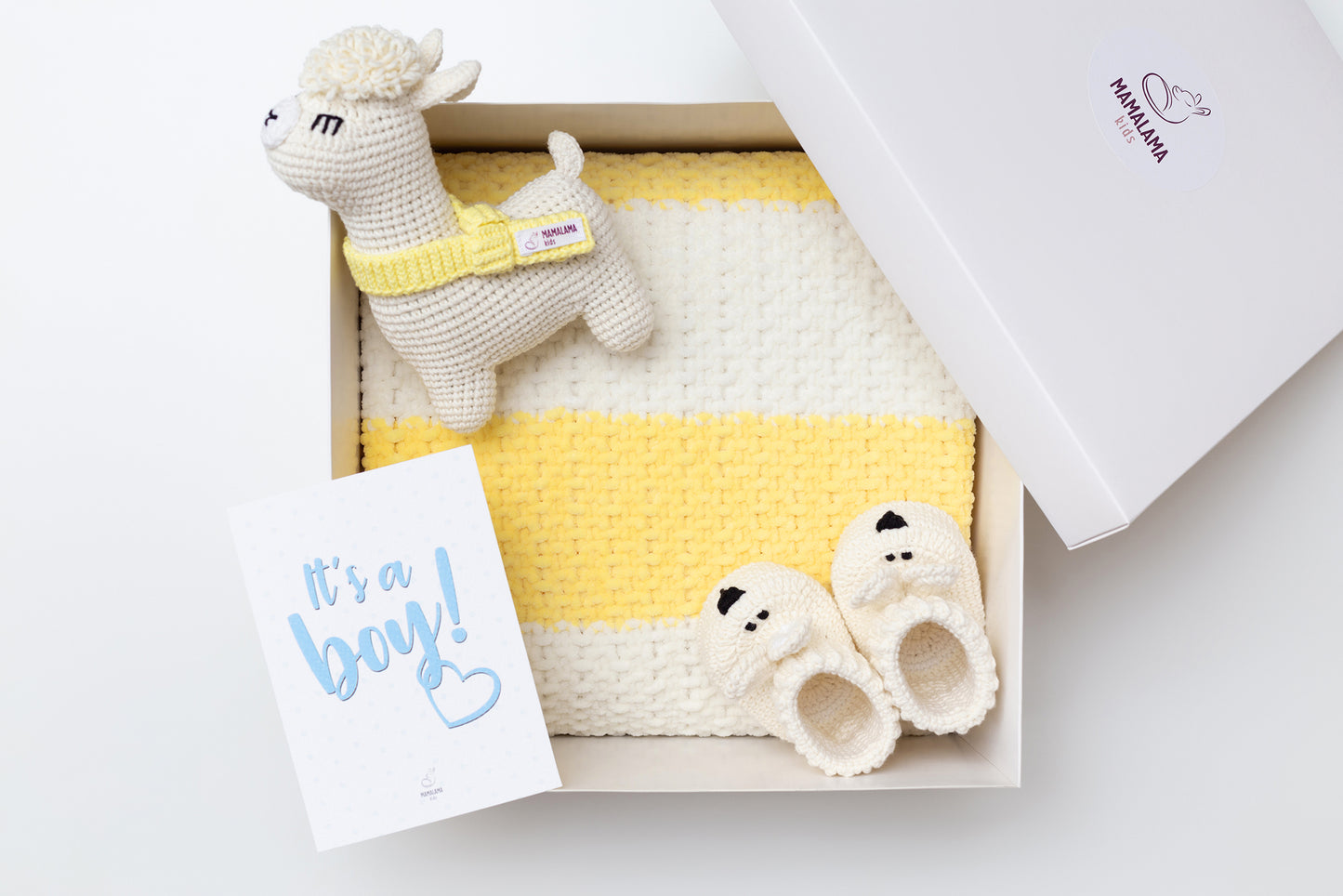 It's a Boy Llama toy & blanket & bunny booties gift box Yellow