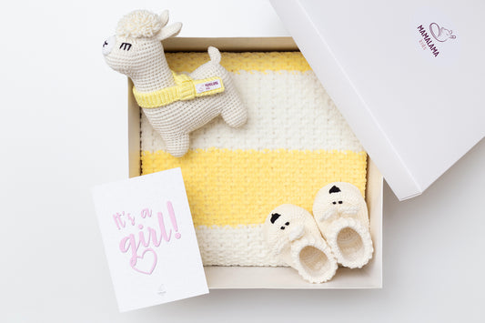 It's a Girl Llama toy & blanket & bunny booties gift box Lemon