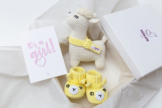 It's a Girl Llama toy & booties gift box Yellow