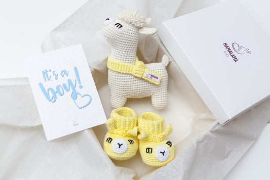 It's a Boy Llama toy & booties gift box Yellow Off white