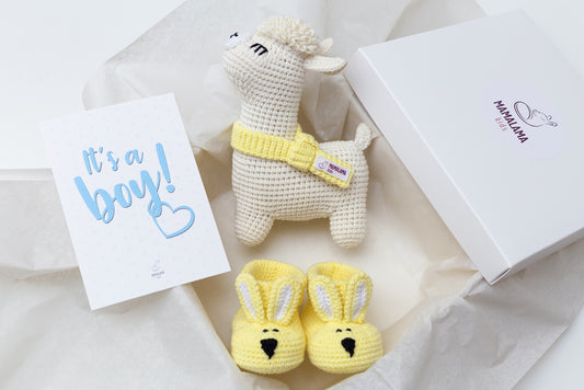 It's a Boy Llama toy & bunny booties gift box Yellow Off white