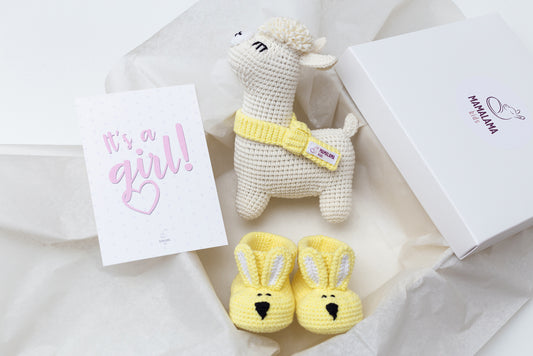It's a Girl Llama toy & bunny booties gift box Yellow