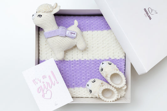 It's a Girl Llama toy & blanket & booties gift box Lavender