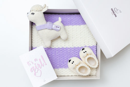 It's a Girl Llama toy & blanket & bunny booties gift box Lavender