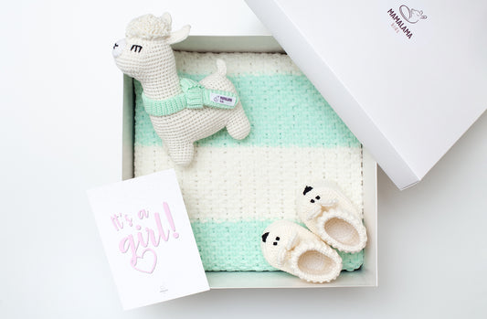 It's a Girl Llama toy & blanket & bunny booties gift box Green mint