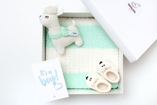 It's a Boy Llama toy & blanket & bunny booties gift box Green mint