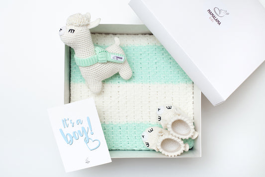 It's a Boy Llama toy & blanket & booties gift box Grint mint