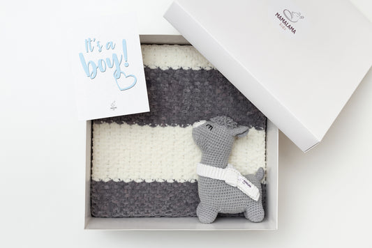 It's a Boy Llama toy & blanket gift box Gray Off white