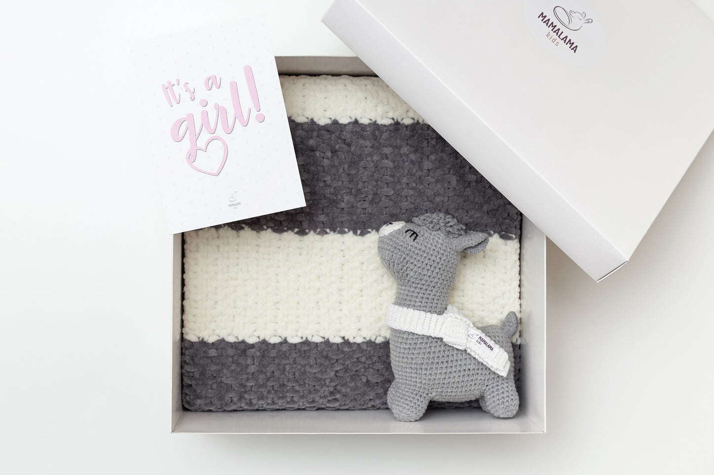 It's a Girl Llama toy & blanket gift box Gray Off white