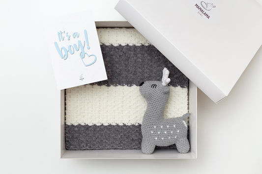 It's a Boy Deer toy & blanket gift box Gray