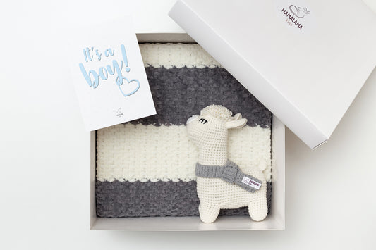 It's a Boy Llama toy & blanket gift box Gray