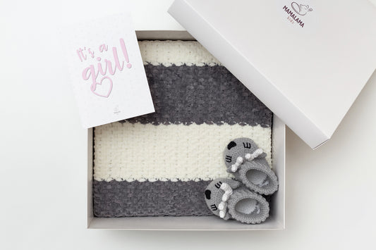 It's a Girl Baby blanket & deer booties gift box Gray