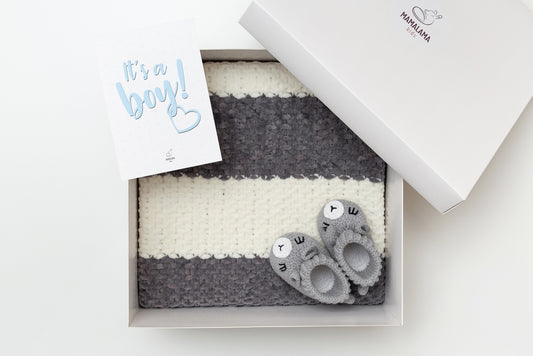 It's a Boy Baby blanket & llama booties gift box Gray Gray