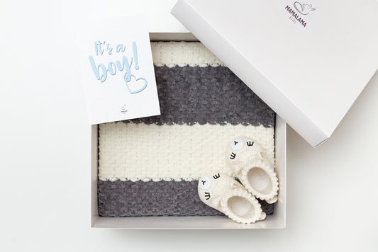 It's a Boy Baby blanket & llama booties gift box Gray