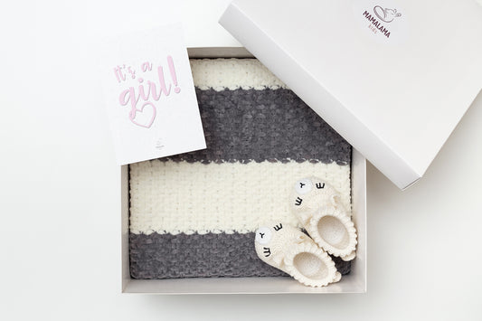 It's a Girl Baby blanket & llama booties gift box Gray