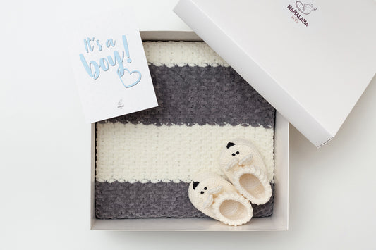 It's a Boy Baby blanket & bunny booties gift box Gray