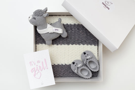 It's a Girl Llama toy & blanket & bunny booties gift box Gray